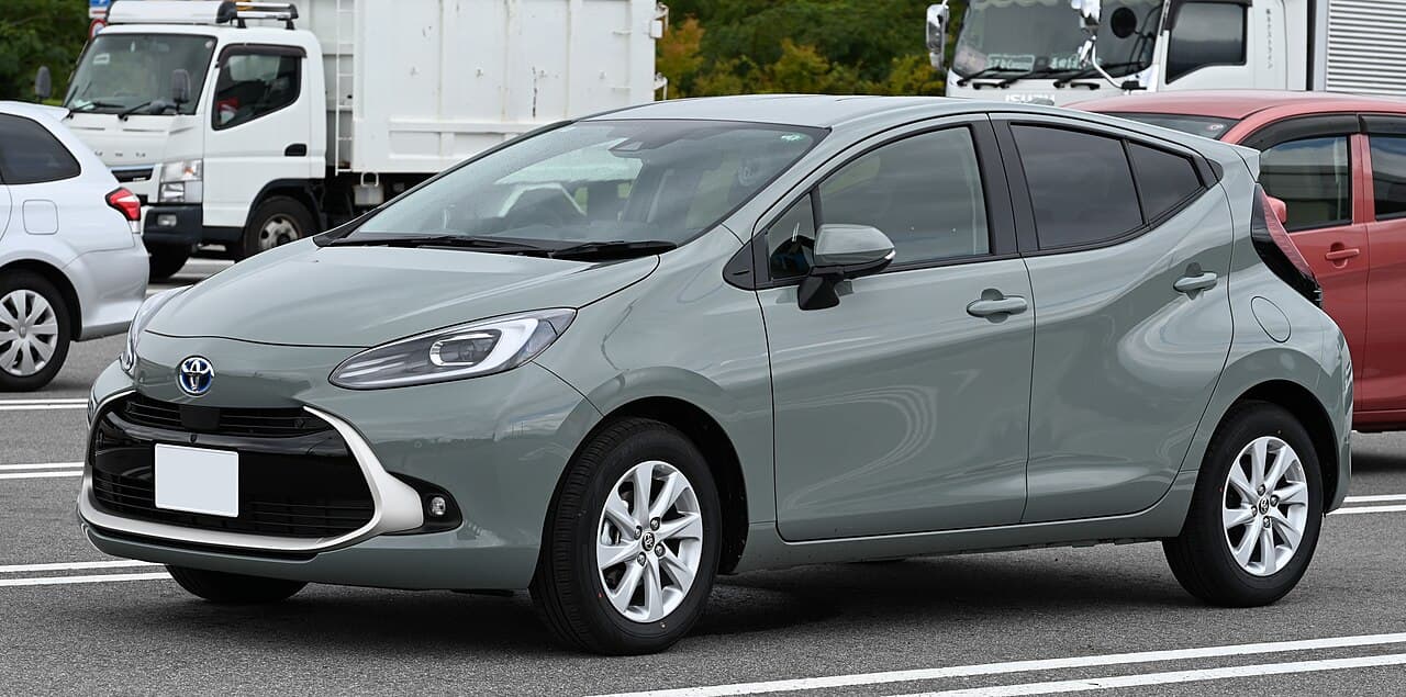 A second-generation Toyota Aqua hatchback, the archetypal Japanese used import on New Zealand roads